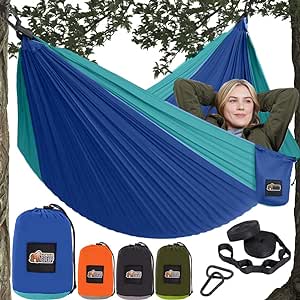 Gorilla Grip Lightweight Camping Hammock Holds 400lbs, Heavy Duty Tree Friendly Straps, Easy to Use, Portable Comfortable Travel Swing Hammocks, Outdoor Tent Camp Essentials, Blue, 9x4.5 FT