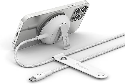 Belkin BoostCharge Pro Portable Wireless Charger Pad with MagSafe (Fast charging up to 15W, Pop-up stand for flawless compatibility with iPhone 14, 13 and iPhone 12 series, PSU not included) – White