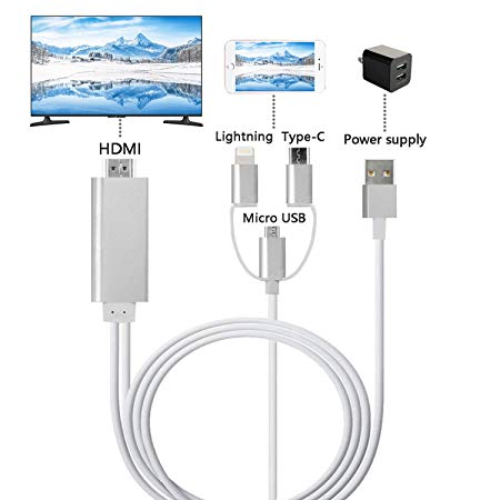 ZFKJERS 3 in 1 Lightning/Micro USB/Type-C to HDMI Cable, Mirror Mobile Phone Screen to TV/Projector/Monitor, 1080P HDTV Adapter for iPhone iPad and Android Phones (Silver)