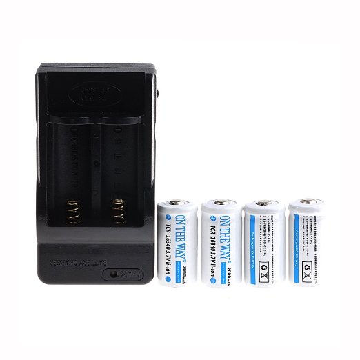 ON THE WAY4 Pcs 16340 2000mah Li-ion 37V Rechargeable Battery with Dual Double Channel Cordless 16340 Battery Charger
