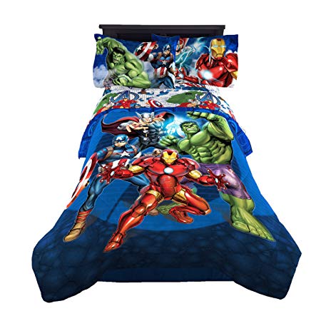 Marvel Avengers Blue Circle Twin/Full Comforter - Super Soft Kids Reversible Bedding features Iron Man, Hulk, Captain America, and Thor - Fade Resistant Polyester Fill (Official Marvel Product)