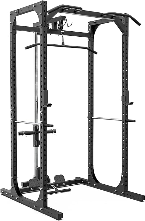 Synergee 2200 Series Power Rack Cage with Pulley System, J-Cups, Safety Arms, Pull Up Bar, Landmine & T Bar, Barbell Hold, Dip Station, LAT Bar & Straight Bar. Exercise Stand with 750lb Capacity.