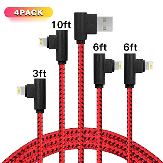 iPhone Charger 4Pack [3/6/6/10FT] 90 Degree Cable Lightning to USB Charging Cable Durable Cord Compatible with iPhone Xs Max/XS/XR/7/7Plus/X/8/8Plus/6S/6S Plus/SE(red-Black)