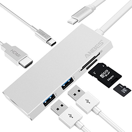 Anbes USB C Hub, USB Type C Hub Charging Port, HDMI Port, 2 USB 3.0 Ports, SD & Micro SD Card Readers for MacBook Pro 2015/2016/2017, Chromebook and more Type C Devices - Silver