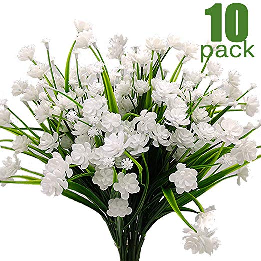 Artificial Flowers Outdoor,10 Bundles Outdoor UV Resistant Plastic Greenery Shrubs Artificial Plants Faux Flowers Indoor Outside Garden Décor Hanging Planter Home Decorations (5-White)