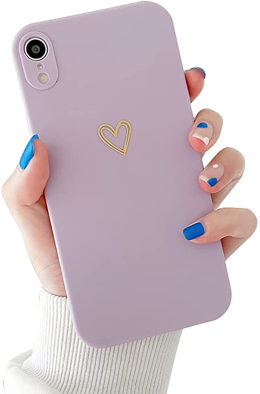 Ownest Compatible with iPhone XR Case for Soft Liquid Silicone Gold Heart Pattern Slim Protective Shockproof Case for Women Girls for iPhone XR-Purple