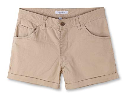 Vetemin Women's Juniors Comfy Fitted 5-Pocket Cuffed Casual Walking Chino Shorts