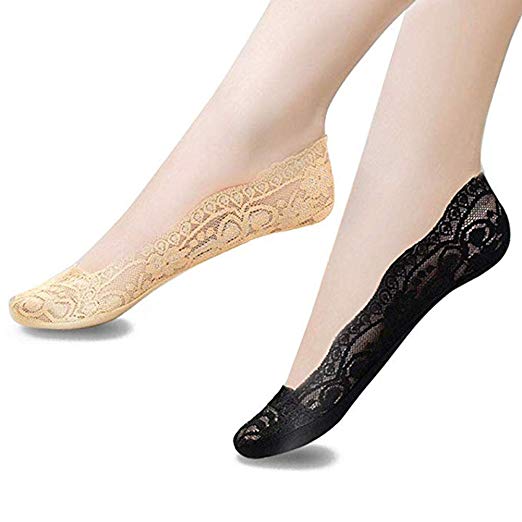 Womens Lace 4 Pair No Show Non-skid Casual Boat Socks