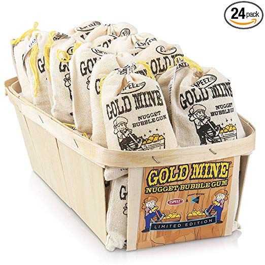 Old Fashioned Bubble Gum Candy: Fruit Flavor Chewing Gum in Individual Drawstring Bags by Espeez - Vintage Bulk Candy Packs for Parties and Special Events - Gold Mine Nugget Gum - 24 Bags