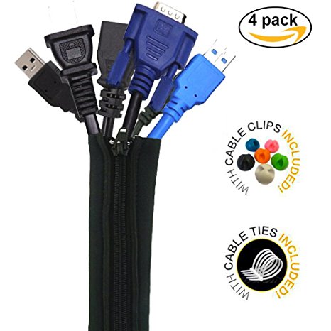 Malier Cable Management Sleeve Cord Organizer-4 Pack 20''- Flexible Cable Sleeve Wrap Cover Organizer with Free Cable Clips and Cable Ties for TV Computer Home Entertainmen (4 Pcs ( 4×19.5'' ))