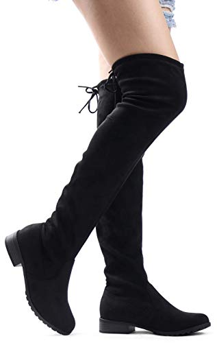 LUSTHAVE Women's Sexy Over The Knee Pull on Flat Boot Drawstring Stretchy Comfortable Block Heel