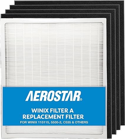 Aerostar HEPA Replacement Air Purifier Filter for Winix Filter A, 115115, 5500-2, C535 & Others (1 HEPA   4 Carbon Prefilters)