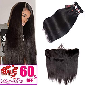 Malaysian Straight Hair 3 Bundles With Frontal Closure 13x4 Ear To Ear Lace Frontal Closure With Bundles 8A Unprocessed Virgin Human Hair (18 20 22 frontal 14, 1B)