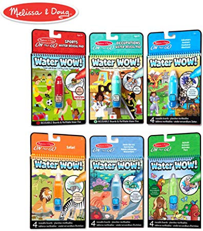 Melissa & Doug On The Go Water Wow! Reusable Color with Water Activity Pad 6-Pack, Sports, Occupations, Adventure, Safari, Under The Sea, Animals, Chunky-Size Water Pens, Multi