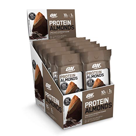 OPTIMUM NUTRITION Whey Protein Almonds Snacks, Chocolate Espresso, Travel to-Go 12 Count Packs