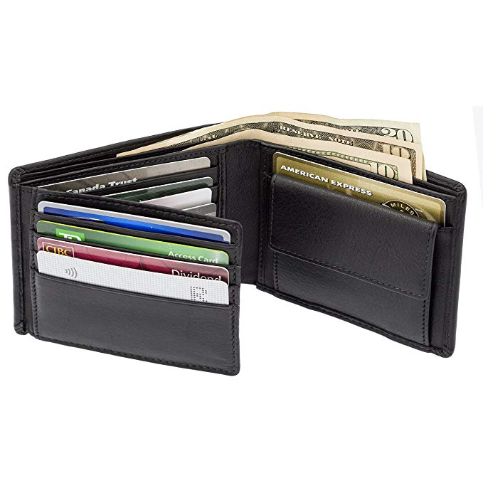 Men's RFID Leather Bi fold Wallet Flip out with Change/Coin Pocket (Black) SD 013