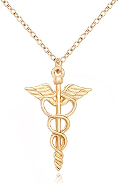 MANZHEN Gold Silver Medical Caduceus Pendant Necklace for Doctor Nurse Gifts