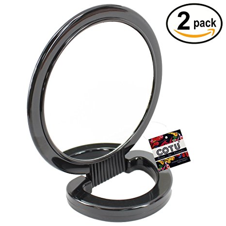 2 Pack of COTU (R) 2-Sided 1X or 3X Magnifying Mirror with Plastic Hand-held Handle or Table Stand - 6-1/8” Diameter