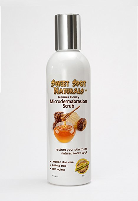 Microdermabrasion Scrub, Best Face and Body Exfoliator. Gently Removes Dry Dead Skin, Black Heads. Treatment for Age Spots, Sun Spots, Acne, Scars, Wrinkles. Improve Skin Texture, Natural Face Lift, Look Younger. Organic Aloe Vera, Raw Manuka Honey. Alcohol Free, Sulfate Free, Paraben Free, Chemical Free, Fragrance Free. Perfect 4oz Travel Size.