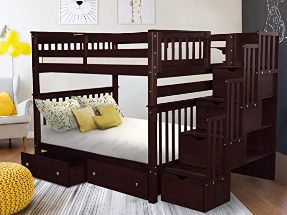 Bedz King Stairway Bunk Beds Full Over Full with 4 Drawers in The Steps and 2 Under Bed Drawers, Dark Cherry