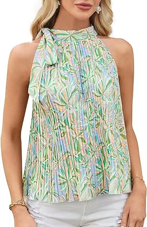 GRACE KARIN 2024 Summer Halter Tops Flower Print Tie Sleeveless Pleats Blouse Shirts Mock Neck Loose Trumpet Tank Top