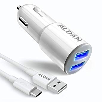 USB Type C Car Charger - ALDAN 12W - 24W/4.8A Rapid Dual Port USB Car Charger Adapter with Certified 3FT USB C Cable compatible with Samsung Galaxy S8 S9 Plus - Note 8 9 - LG V30 V20 G6 G5-HTC (white)