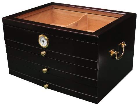 Quality Importers Palermo Desktop Humidor 3 Drawers, Lined with Premium Kiln-Dried Spanish Cedar, Tempered Top, Glass Hygrometer with Brass Ring, Holds Up to 150 Cigars, Brown