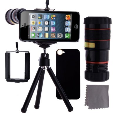 CamKix iPhone 5 Camera Lens Kit - 8x Telephoto Lens  Mini Tripod  Universal Phone Holder  Hard Case for Apple iPhone 5 Black