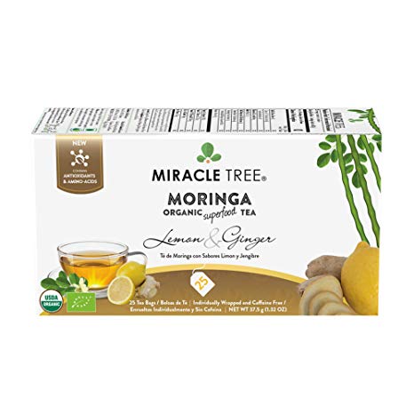 Miracle Tree - 6 count of Organic Moringa Superfood Tea, 25 Individually Sealed Tea Bags, Lemon & Ginger