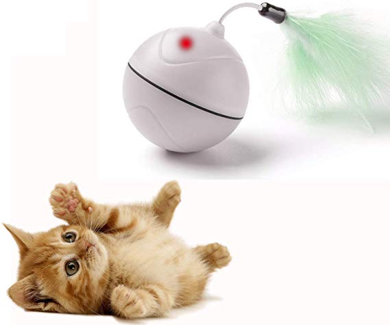 FIRIK Pet Toys Automatic Self Rolling Ball USB Charged Light Rechargeable Interactive Entertainment Exercise Cat Toy with Detachable Feather