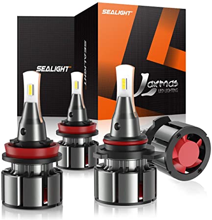 SEALIGHT 9005/HB3 High Beam H11/H9 Low Beam LED Headlight Bulbs Combo Package, L2 Series Upgraded CSP Chips 16000LM 6000K Xenon White, 2 sets, 4 Pack