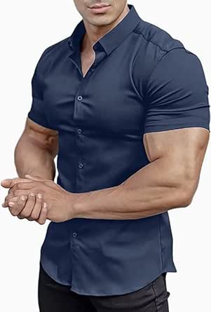 Men’s Muscle Fit Dress Shirts Athletic Slim Fit Short Sleeve Stretch Casual Button Down Shirt