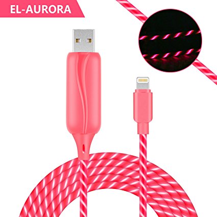 EL-AURORA Lightning USB Cable, Updated 3Ft 360 Degree Durable Visible Flowing LED EL Light Up Charger Cable Sync Data Cord Tangle-Free for iPhone,iPad, iPod and More (Pink)