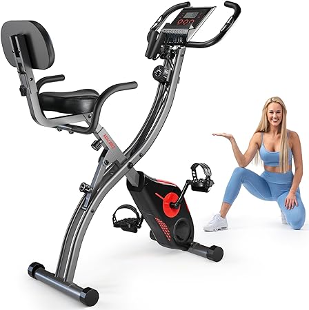 Folding Exercise Bike Portable Upright Adjustable Backrest Cycling Recumbent Stationary Bike Slim Indoor Workout Fitness Cardio Foldable Exercise Bicycle Machine with Pulse Sensor LCD Monitor Arm Resistance Bands