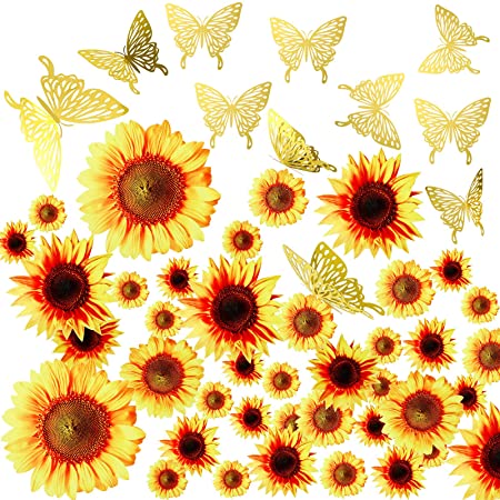 66 PCS Sunflower Wall Stickers with 3D Butterfly Wall Sticker DIY Sunflower Mural Stickers Removable Wall Decals for Nursery Baby Kids Bedroom Living Room Bathroom Kitchen Decoration