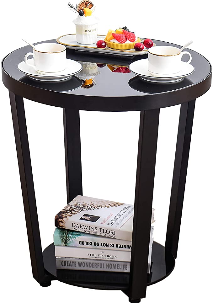 NICE Round Sofa Side End Table with Tempered Glass-top for Small Space Livingroom Bedroom Balcony, Black