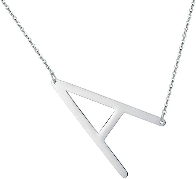 IEFWELL Sideways Initial Necklace for Women - Silver Plated Stainless Steel Large Big Sideways Initial Letter Necklace Crooked Oversized Initial Letter Necklace for Women Girls