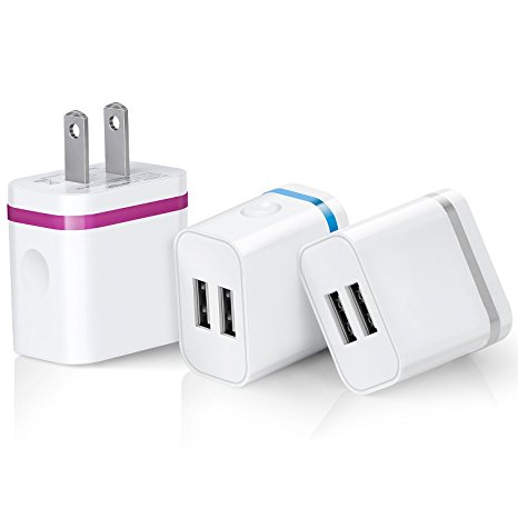 Wall Chargers, 3 Pack Colorful Mini Portable USB Charging Power Adapter Dual Port Plug Outlet 10W/2A Travel Home Family Charger for iPhone 6 7 plus, Samsung Galaxy Nexus USB Fans External Battery