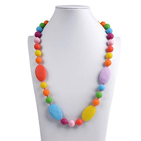 V-TOP Chewable Silicone Baby Teething Necklace for Mom to Wear, Flat and Round Beads Baby Toy -BPA Free