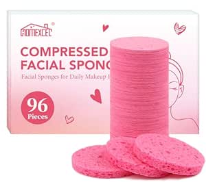 HOMEXCEL 96-Counts Compressed Facial Sponges, 100％ Natural Cellulose Spa Sponges for Daily Facial Cleansing and Exfoliating, Reusable Makeup Remover Pads, Ideal for Home Travel, Pink