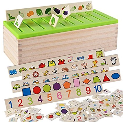 Wooden Classification Box with Cover 80 objects from 8 Categories To Exercise Kids' Hand Eye Coordination Sorting Box And A Good Parent-child Toy