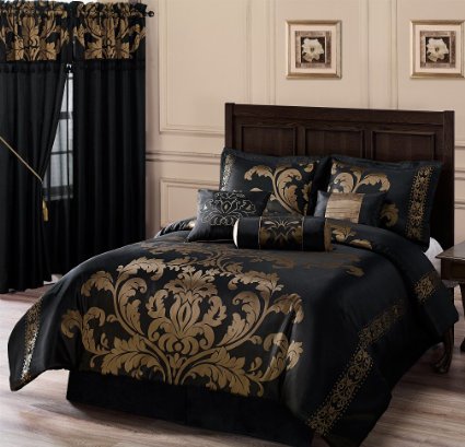 Chezmoi Collection 7-Piece Jacquard Floral Comforter Set Bed-in-a-Bag Set, Queen, Black Gold