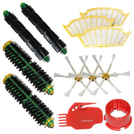I-clean Brush Cleaning Tools & 2 Bristle Brushes & 2 Flexible Beater Brushes & 3 Side Brushes 6-Armed & 3 Filters Pack Mega Kit for iRobot Roomba 500 Series Roomba 510, 530, 535, 540, 560, 570, 580, 610 Vacuum Cleaning Robots all Green, Red, Black cleaning head