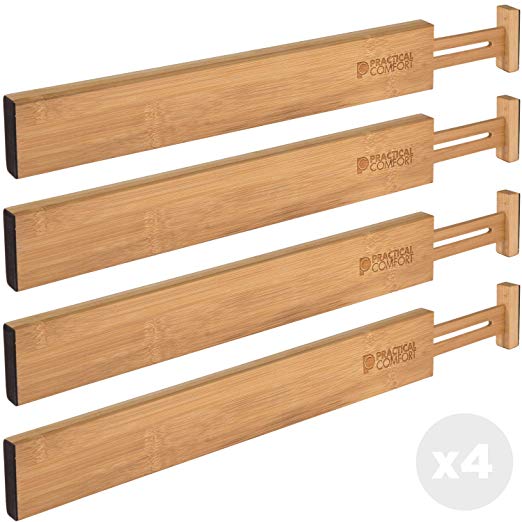 Practical Comfort Adjustable Bamboo Drawer Dividers, Anti-Slip & Scratch, Organizer for Clothes, Makeup, Underwear, Socks, Cosmetics, Diapers, Cutlery or Utensils. 4 Pack, extends 17 3/8" - 22" deep