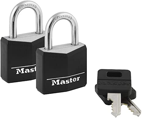 Master Lock 131T Solid Brass Keyed Alike Padlock, Black Cover, 3/16-Inch Shackle, 2-Pack