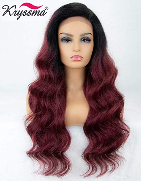 K'ryssma 99j Lace Front Wig Ombre L Part Long Wavy Synthteic Wig Deep Side Parting Burgundy Wigs for Women Glueless Ombre Wig with Black Roots 22 inches
