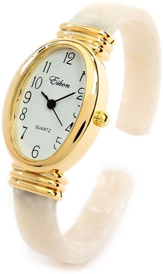 White Pearl Gold Acrylic Band Oval Face Women's Eikon Bangle Cuff Watch