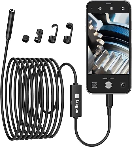 Endoscope for iPhone with 8 LED Lights, 2 Million Pixels Borescope Inspection Snake Camera IP67 Waterproof with 16.4Ft Semi-Rigid Cord, Support iOS 9.0 or Above (Plastic)