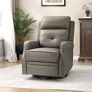 HULALA HOME Genuine Leather Swivel Rocker Recliner with Footrest & Adjustable Backrest, Manual Glider Reclining Chair for Living Room Bedroom, Home Theater Sofa Chair with 360° Swivel Base, Dove