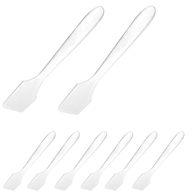 SumDirect 100Pcs Mini Disposable Cosmetic Spatulas for Makeup,Clear Plastic Skin Care Mask Spatula Scoop, Reusable Facial Cream Spatula for Mixing and Sampling (100 SPATULA, Frosted Clear)
